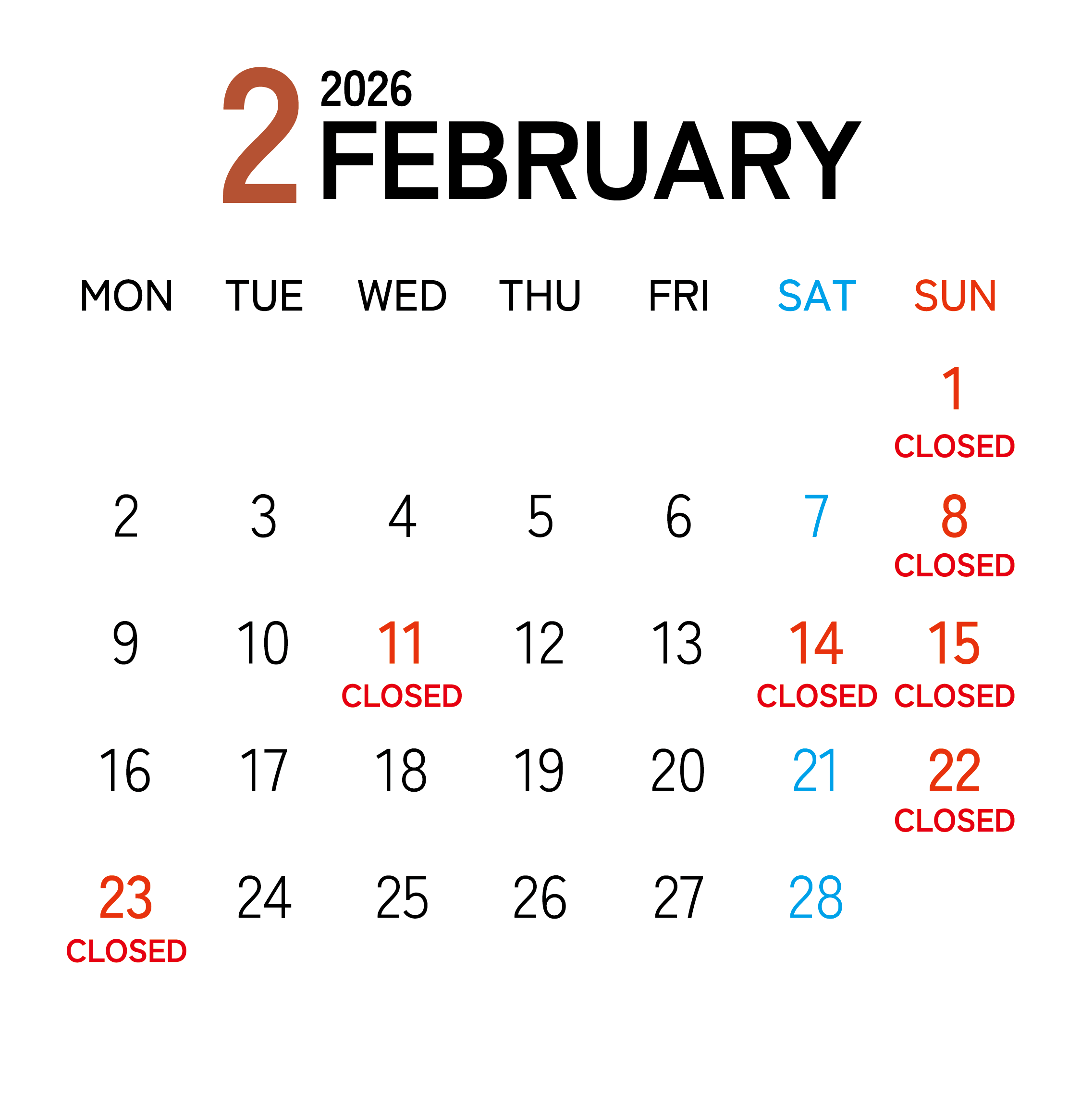 2026年2月カレンダー